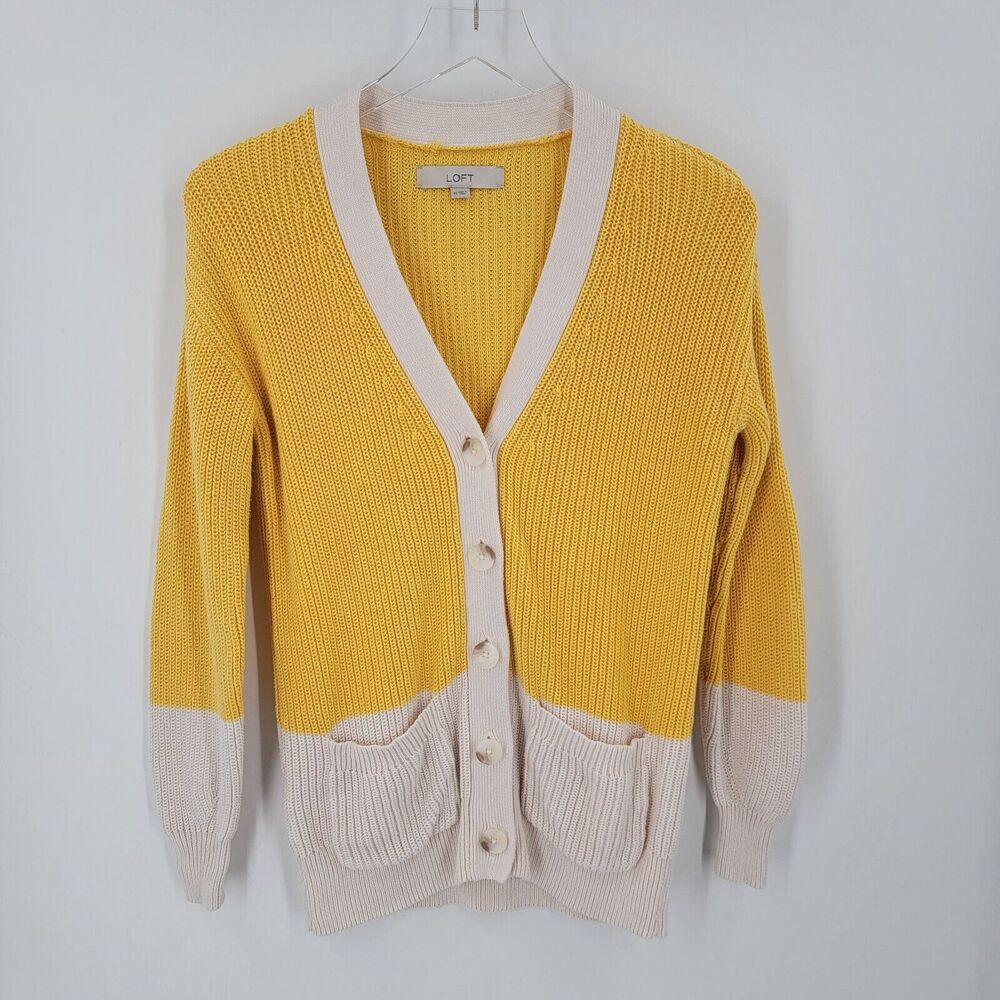 Loft Cardigan Womens XS Yellow White Long Sleeve Button Up Cotton Knit Preppy